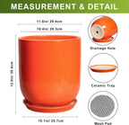 12 Inch Pots for Plants - Ceramic Planter with Drainage Hole and Saucer, Decorative Round Large Plant Pot for Indoor Outdoor Plants, Plant Lover Gifts, Home Office Garden Decor, Orange