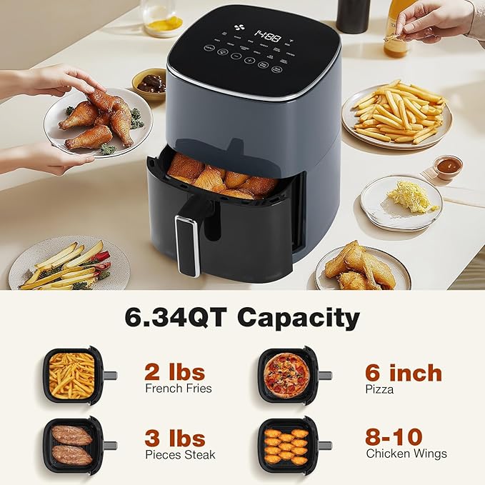 OLIXIS Air Fryer 6 Quart with Window Square Air Fryer 12-in-1 Air Fry, Roast, Reheat, Dehydrate, Bake, Steam, Fries, Custard, Chicken, Wings, Sea Food, Vegetabels,400F Grey