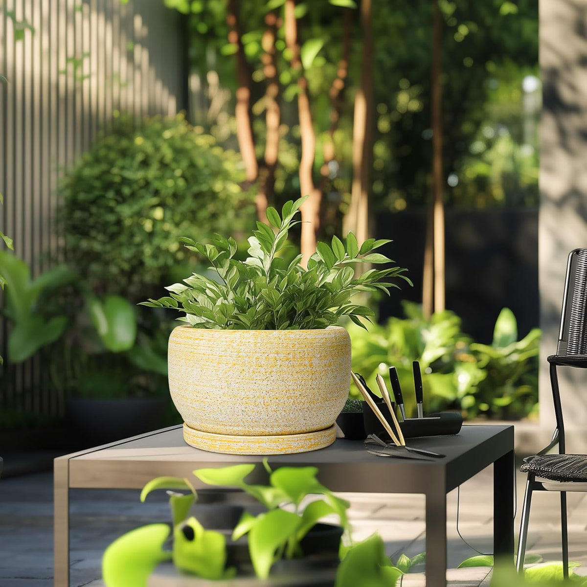 SQOWL Ceramic Planters for Indoor Plants - 10 Inch Plant Pot with Drainage Hole and Saucer, Round Ceramic Flower Pot Outdoor, Decorative Large Planter, Office Decor, Gifts for Women Men, Yellow