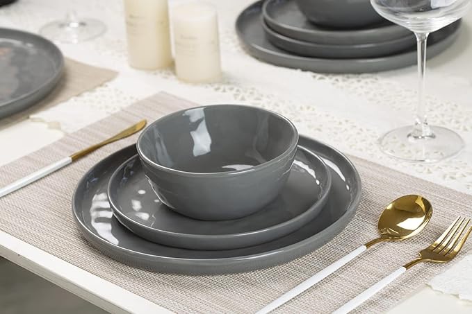 Famiware Mars Plates and Bowls Set, 24 Pieces Dinnerware Sets, Dishes Set for 8, Dark Gray