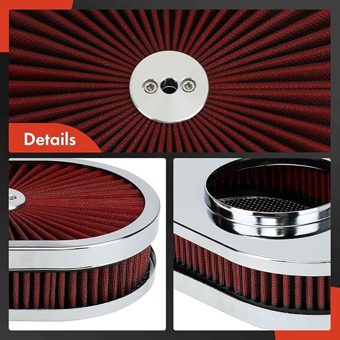 A-Premium Universal Air Cleaner Filter Assembly - 12" x 2", Oval Red Chrome Air Cleaner - Fit For 5-1/8" Carburetor Neck