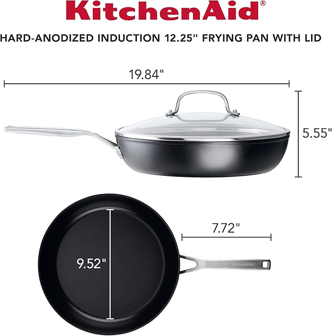 KitchenAid Hard Anodized Induction Nonstick Frying Pan Set With Tempered Lids, 4-Piece - 10 & 12 Inch – Durable, Even Heating, Oven Safe to 500°F, Dishwasher Safe, Easy-Clean
