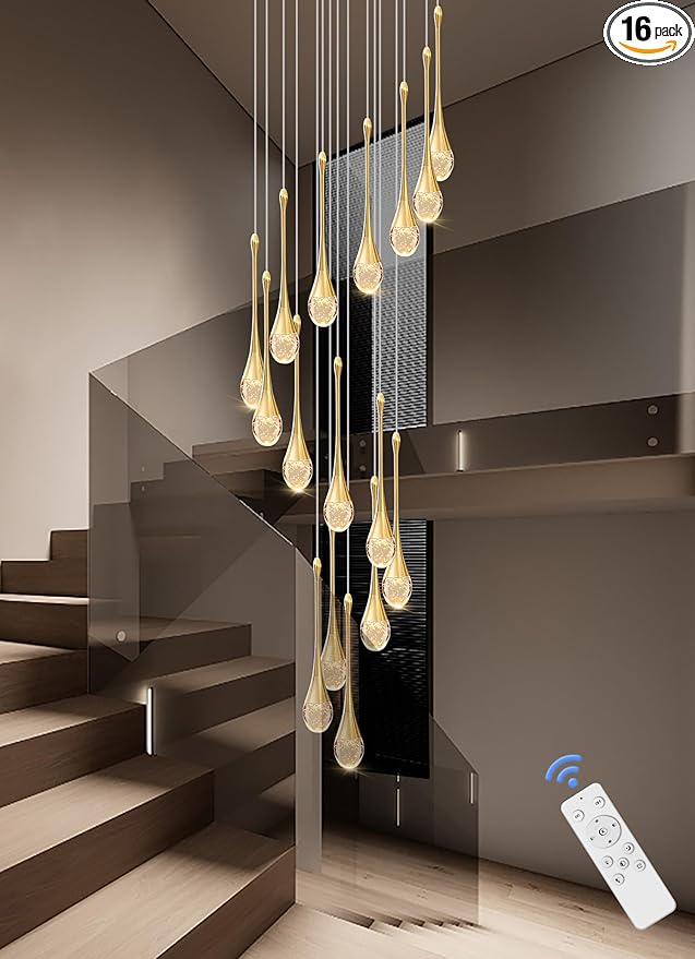 120'' Long Spiral Crystal Chandeliers 16-Lights Gold Bubble Raindrop Crystal Pendant Chandelier Staircase Slanted Ceiling Loft Fixtures LED Dimmable 2700-6000K