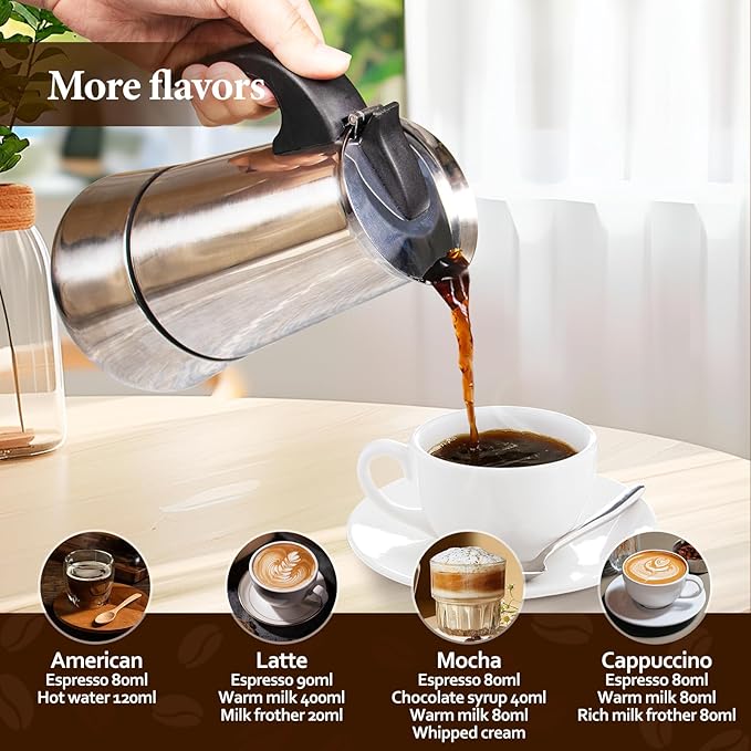 6 Cup Moka Pot Percolator Italian Coffee Maker 300ml Stovetop Espresso Mocha Stainless Steel Greca Coffee Maker Classic Cafe Makers Suitable for Induction Cookers Ceramic Stoves Tummy