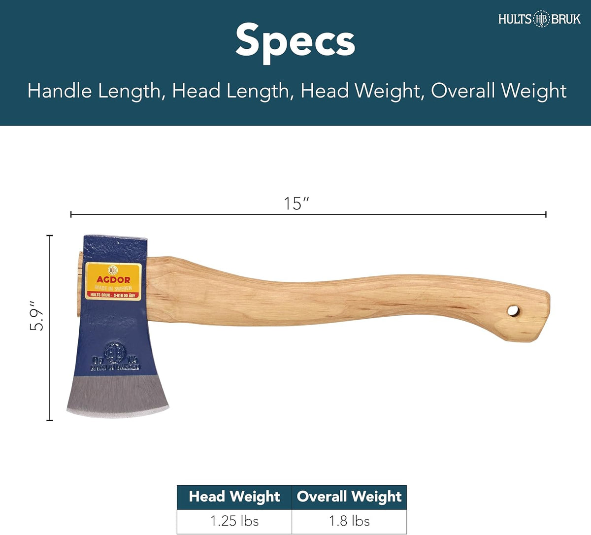 Hults Bruk 840021 Agdor Hand Hatchet 15-1.25 lb Head, 15" Handle