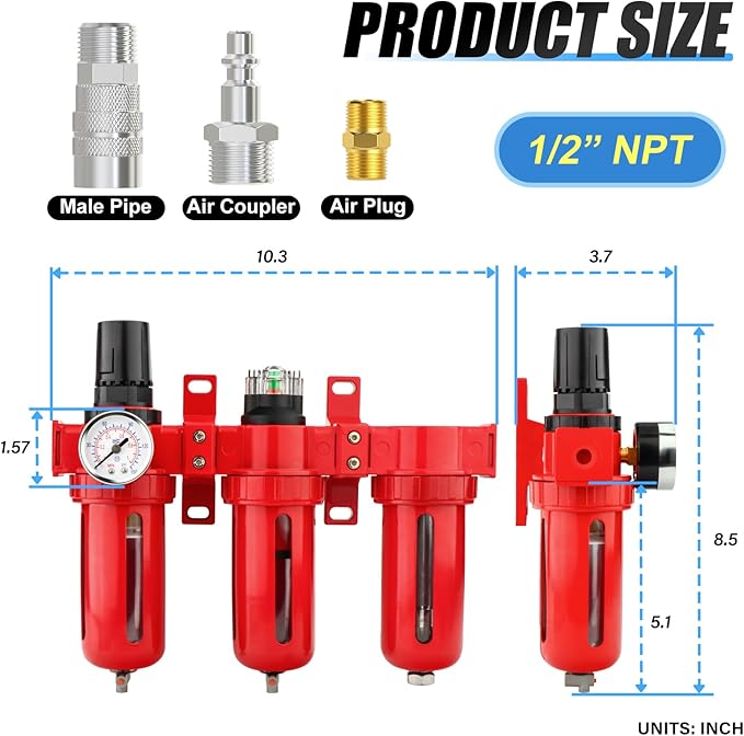 1/2" NPT 3 Stage Aluminium Air Drying System,Coalescing Filter, Particulate Filter, Desiccant Dryer and Air Regulator, Manual Drain, Mid Flow, For Plasma Cutter and Paint Spray