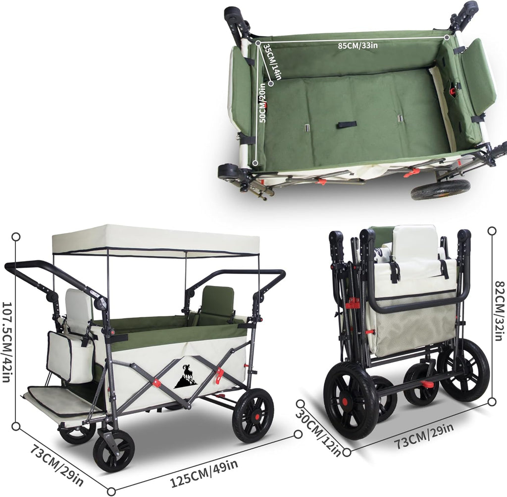 Foldable Wagon with Canopy - Collapsible Utility Cart with 2 Seats & Belts, Adjustable Handle, Expandable Front for Camping, Picnic, Shopping (Beige/Green)