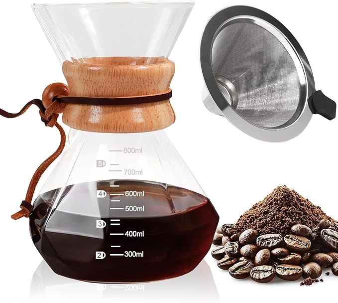 Pour Over Coffee Maker 800ml with 304 Stainless Steel Filter and Wooden Collar Holder Borosilicate Glass Drip Coffeemaker Server Set Clear Hand Brew Dripper Carafe for Home Camping Travel 27oz
