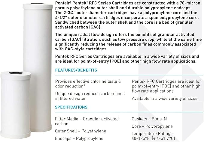 Pentair Pentek RFC-20 Carbon Water Filter, 20-Inch, Whole House Radial Flow Carbon Replacement Cartridge with Granular Activated Carbon (GAC) Filter, 20" x 2.5", 25 Micron