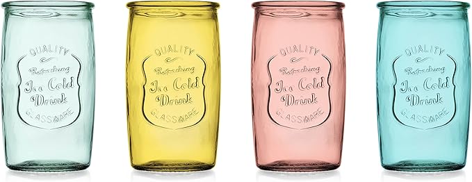 Glaver's Colored Glassware, Ice Cold Drinking Glasses Set of 4 – 18 Oz Vintage Glass Cups for Kitchen, Dining Table – Multi- Colors Glass Tumblers. Hand Wash.
