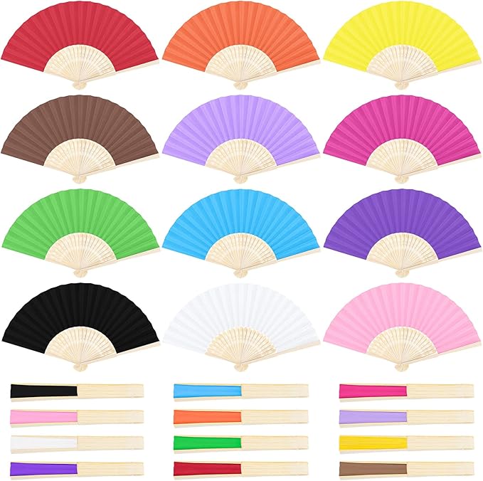Aneco 24 Pieces Handheld Paper Fans Paper Folding Fans with Bamboos for Wedding Gift, Party, Home, DIY, Multicolor