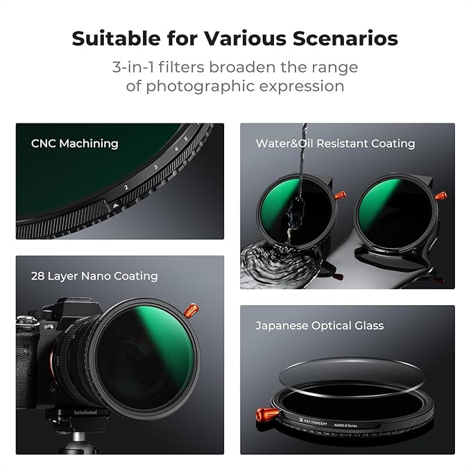 K&F CONCEPT 52mm Black Diffusion Mist Effect 1/4 & Variable ND2-32(1-5 Stops) & Circular Polarizing Filter CPL-in 1 HD Lens Filter with 28 Multi-Coatings for Camera Lenses (Nano-X Series)