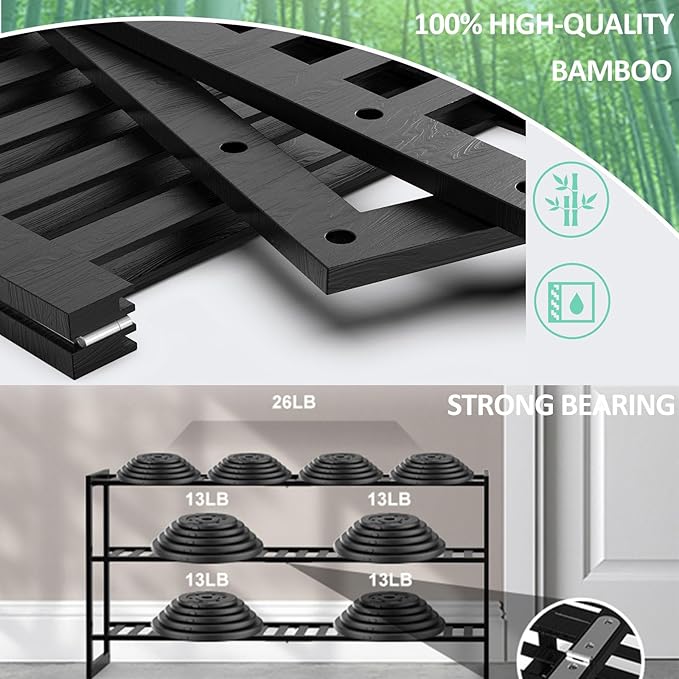 Bamboo Shoe Rack for Entryway, Stackable 3 Tier Shoe Organizer Shelf Storage 9-12 Pairs Shoes Stand Cubby for Closet Door Hallway Bedroom Garage Black, Thanksgiving