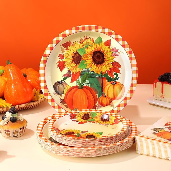 Sunflower Plates and Napkins Set for 50 Guests – Disposable Fall Party Supplies, Pumpkin Design for Sunflower Thanksgiving Party Decoration