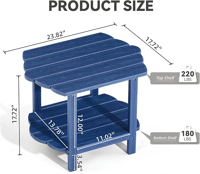 Small Outdoor Side Tables Modern 2-Tier Adirondack Table Rustic End Table HDPE Storage Shelf Industrial Corner Rectangle Coffee Table for Patio Garden Balcony Backyard Pool Farmhouse Home Blue