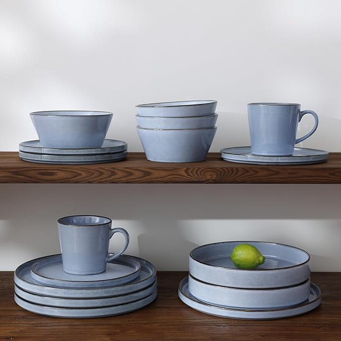 Famiware Plates and Bowls Sets, Annecy Stoneware Dinnerware Sets for 8, 24 Pieces Dish Set, Plate with Lip Edge, Reactive Glaze Tableware - Microwave & Dishwasher Safe, Reactive Blue