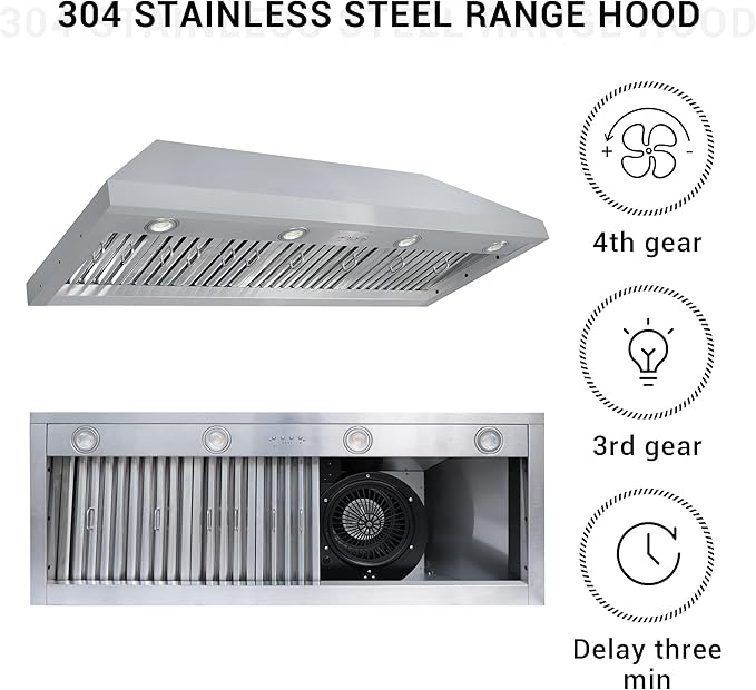 CHETTO C Stainless Steel Range Hood Cover with 4-Speed Vent Hood Insert Custom Handcrafted Metal Kitchen Fan with Towel Rack LED Light 48"W x24"D x57"H White Wall Mount