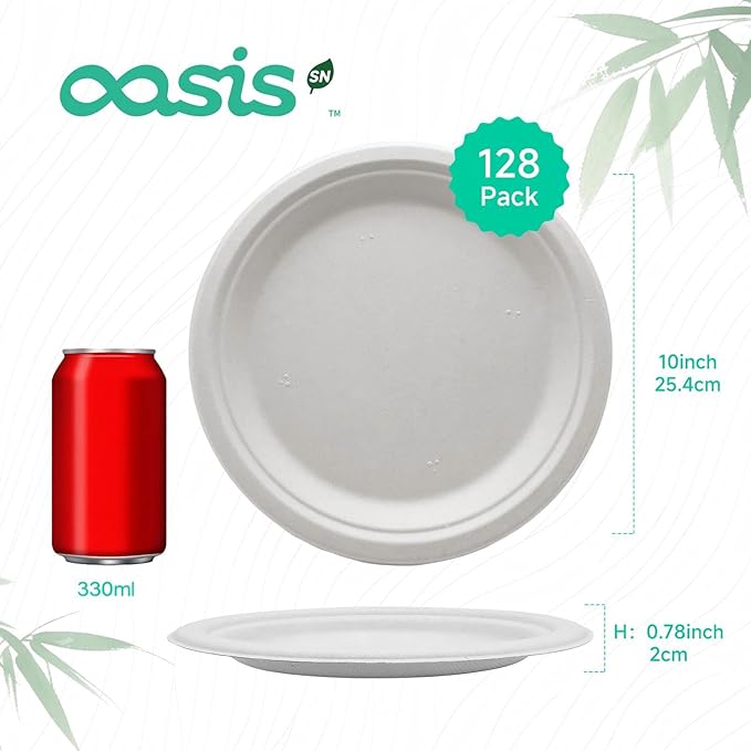 𝟏𝟎 𝐈𝐧𝐜𝐡, 𝟏𝟐𝟖-𝐏𝐚𝐜𝐤 Compostable Paper Plates, Heavy-Duty Biodegradable Disposable Dish Made from Bagasse, Perfeck for Snacks, Desserts, Party, Wedding and More (White)