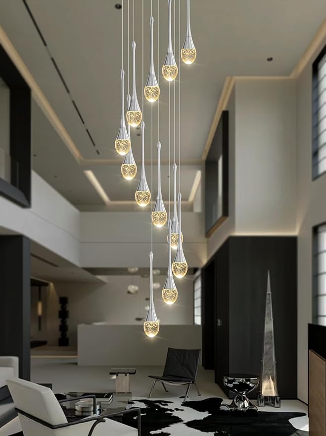 H120'' Long Crystal Raindrop Chandelier 12 Lights Foyer Pendant Lighting Entrwey High Ceiling Chandeliers LED Dimmable Lighting…