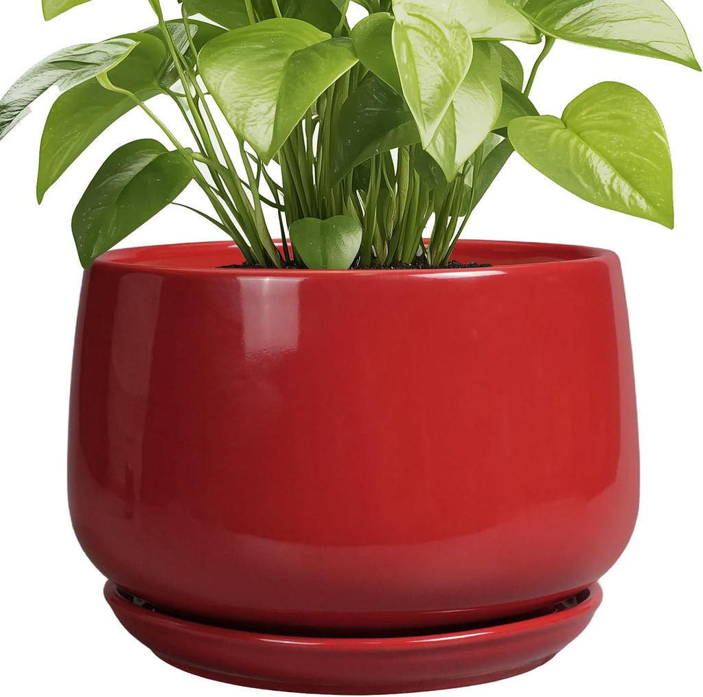 G EPGardening Ceramic Plant Pots - 9 Inch Flower pots for Indoor Outdoor Plant, Round Planter with Drainage and Saucer, Modern Home Decor, Gift for Women Men, Red