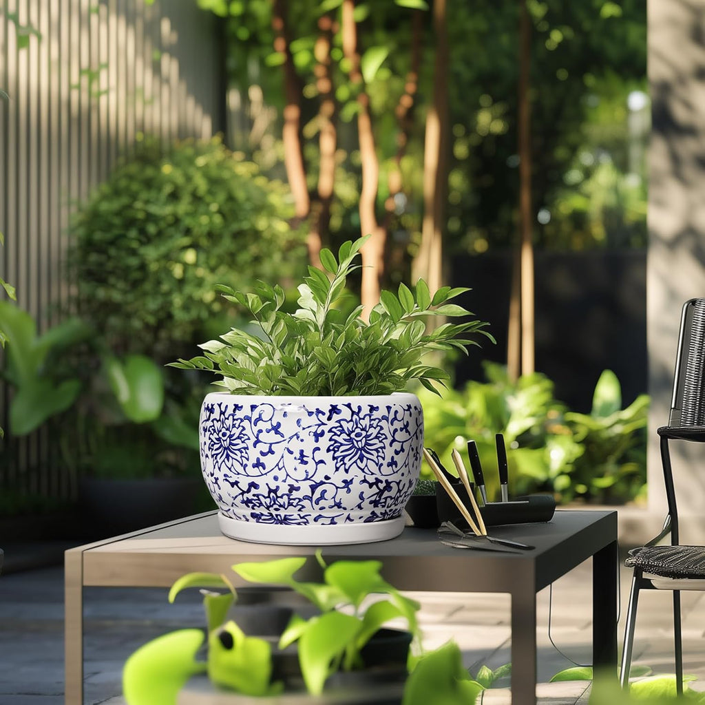 SQOWL Ceramic Pots for Plants - 10 Inch Ceramic Flower Pots with Drainage Hole and Saucer, Round Large Planter Indoor, Decorative Porcelain Planter Outdoor, Home Decor, Birthday Gifts, Blue and White