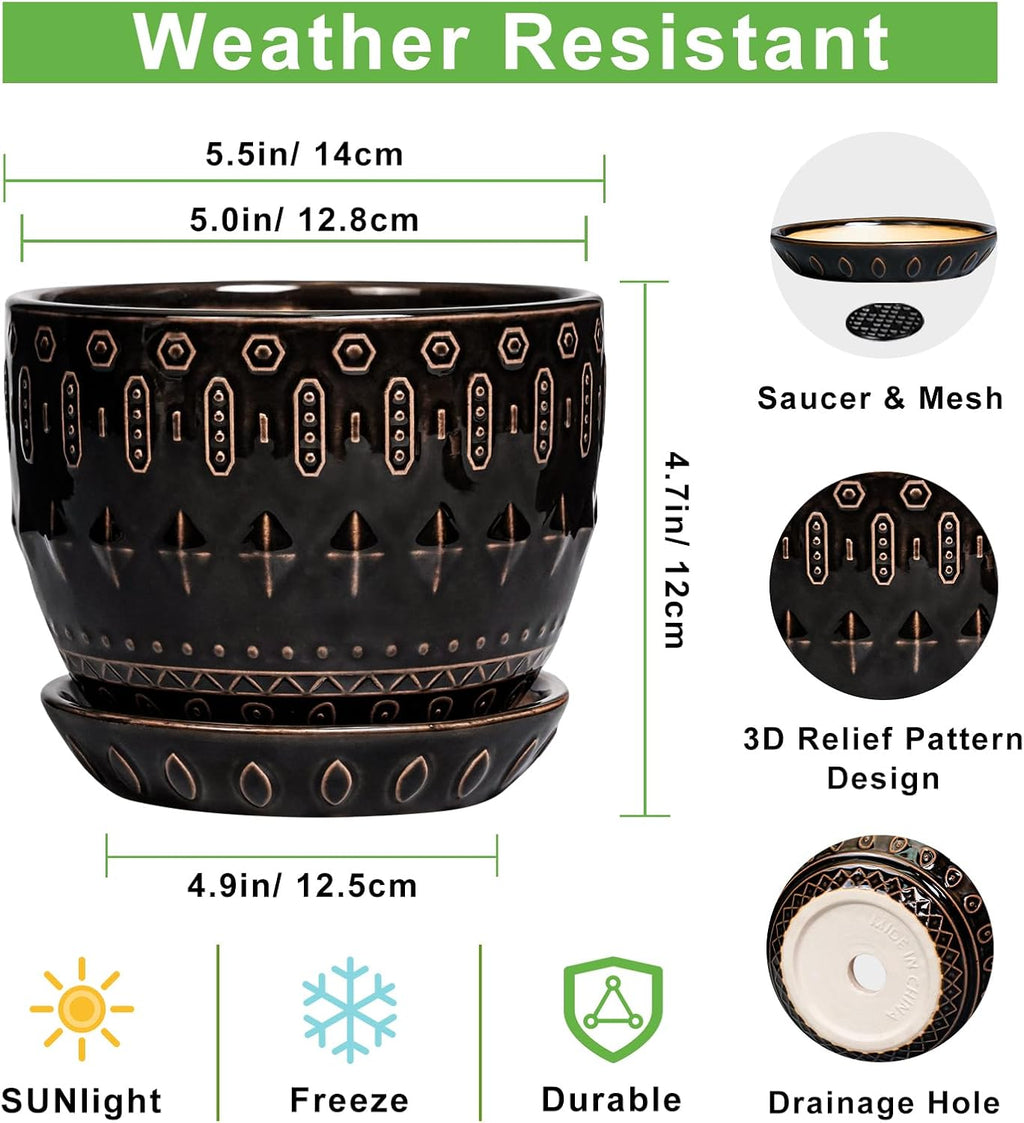 G EPGardening Ceramic Pot for Plants 5.5 Inch - Ceramic Plant Pot Indoor with Drainage Hole and Saucer, Round Boho Planter for Indoor Plants Outdoor, Housewarming Gifts, Garden Office Decor, Black
