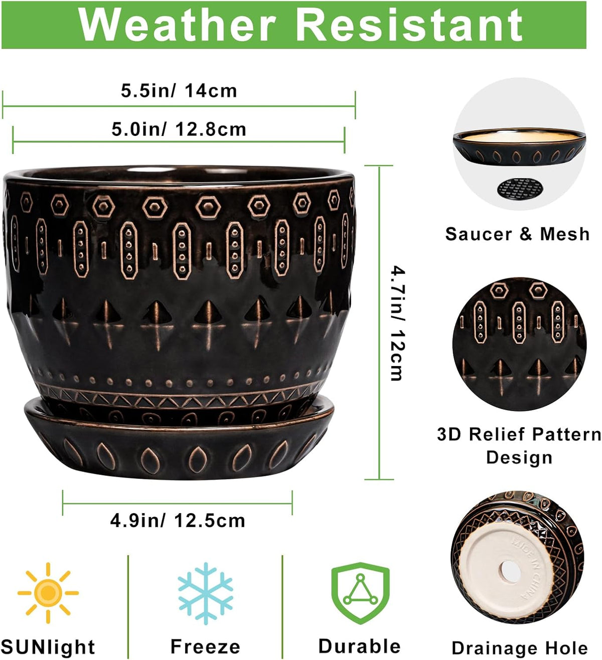 G EPGardening Ceramic Pot for Plants 5.5 Inch - Ceramic Plant Pot Indoor with Drainage Hole and Saucer, Round Boho Planter for Indoor Plants Outdoor, Housewarming Gifts, Garden Office Decor, Black