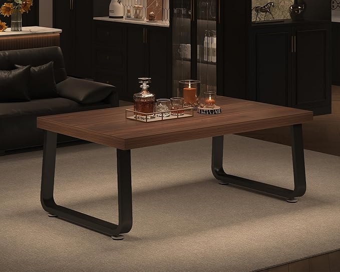 HSH Rustic Walnut Coffee Table, 39” Mid Century Modern Center Table, Rectangle Industrial Living Room Coffee Table, Simple Farmhouse Wood and Metal Tea Coffee Tables for Home Bedroom, Walnut, 39 in