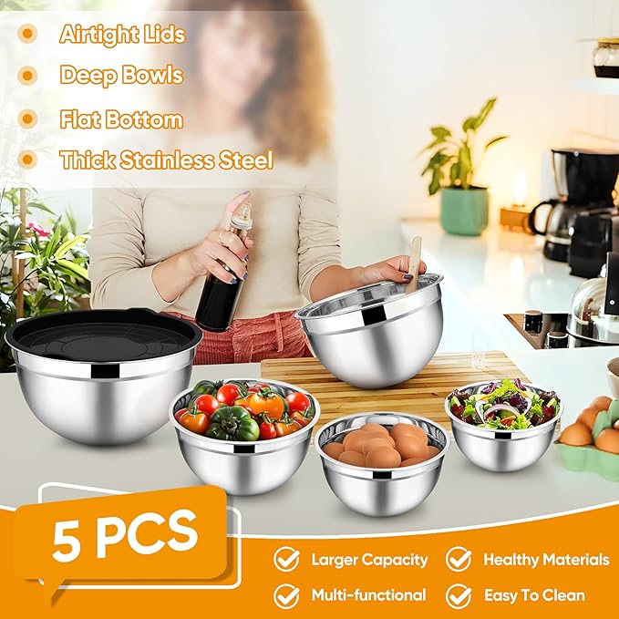TeamFar Mixing Bowl Set of 5, 4.5/3/1.5/1/0.7 QT, Stainless Steel Metal Nesting Salad Bowl with Lid Set, Ideal for Mixing Serving, Non-Toxic & Sturdy, Airtight Lid & Easy Clean, Black