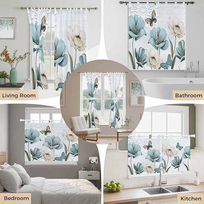 Blue Tulips Bedroom Curtains 72 Inch Length, Window Curtains Tab Top, Watercolor Flowers Butterfly Spring Farmhouse Blue Light Filtering Window Treatments Drapes 52"x72" 2 Panel