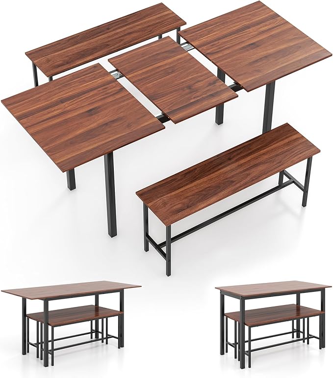 Giantex 3-Piece Dining Table Set for 4-8, 63” Extendable Dining Table with 2 Benches, Metal Frame, Dinette Table Set for Dinner, Breakfast Nook, Kitchen, Living Room, Restaurant, Walnut