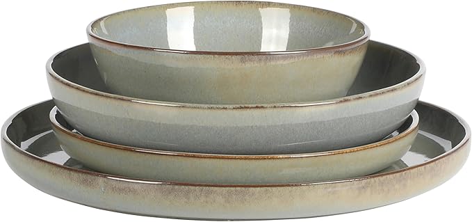 Gibson Elite Berea 16 Piece (Service for 4) Plates and Bowls Reactive Glaze Round Dishes Stoneware Ceramic Dinnerware Set -Green