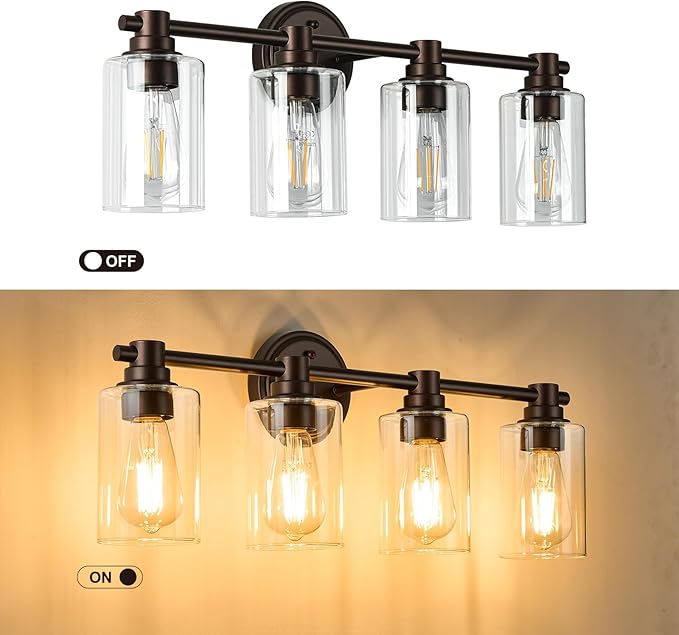Bathroom Light Fixtures Wall Sconce Light with Clear Glass Oil Rubbed Bronze 4 Lights Bathroom Lighting Over Mirror Vanity Lights for Living Room,Bedroom,Restroom,Hallway E26 Base