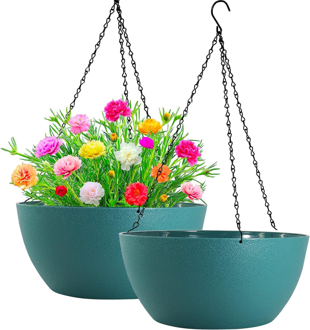 WOUSIWER 13 inch 2 Pack Large Hanging Planters for Indoor Outdoor Plants with Drainage Holes and Chain, Round Hanging Flower Pots for Garden Home Porch Decor, Myrtle Green