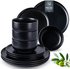 LERATIO Stoneware Dinnerware Sets for 4,Handcarft Ceramic Plates and Bowls Sets,Chip and Scratch Resistant Dishes, Dishwasher & Microwave Safe, Oven safe,Reactive Glaz-Black
