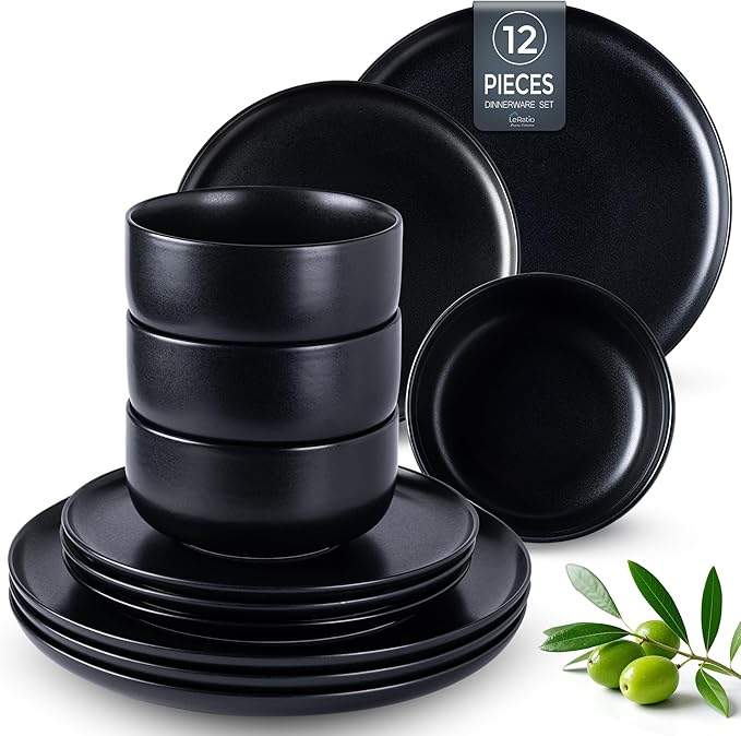 LERATIO Stoneware Dinnerware Sets for 4,Handcarft Ceramic Plates and Bowls Sets,Chip and Scratch Resistant Dishes, Dishwasher & Microwave Safe, Oven safe,Reactive Glaz-Black