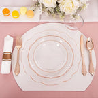 NOCCUR 350PCS Rose Gold Plastic Plates - Clear Rose Gold Disposable Dinnerware Set - Include 100 Dinner/Dessert Plates,50 Cups,50 Pre Rolled Napkins with Cutlery Set - Ideal for Party&Wedding