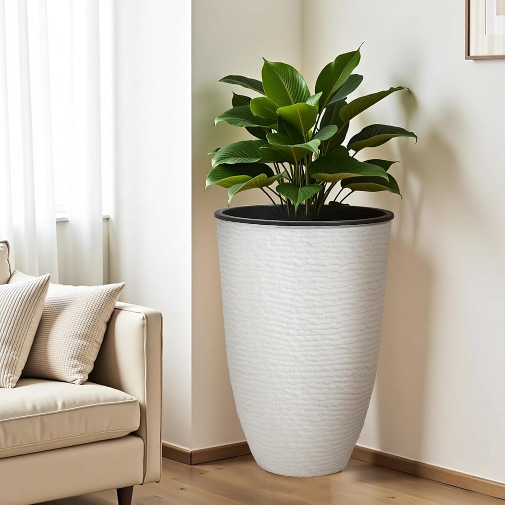 WORTH Garden 2-Pack 21" H. White Tall Planters with Inside Pots - 14'' Dia Plastic Large Round Plant Tree Pots - Decorative Imitation Stone Finish for Indoor Outdoor Front Porch Container Patio