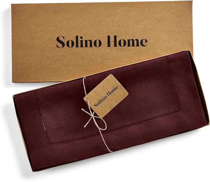 Solino Home Linen Burgundy Table Runner 120 Inches Long - 100% Pure Linen 14 x 120 Inch Table Runner for Fall, Autumn, Thanksgiving, Christmas, Holiday - Classic Hemstitch
