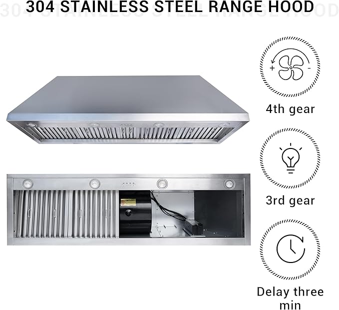 CHETTO C Stainless Steel Range Hood Cover with Quiet Vent Hood Insert Custom Handcrafted Metal Kitchen Fan with Towel Rack LED Light 60"W x24"D x39"H Brushed Stainless Steel Wall Mount