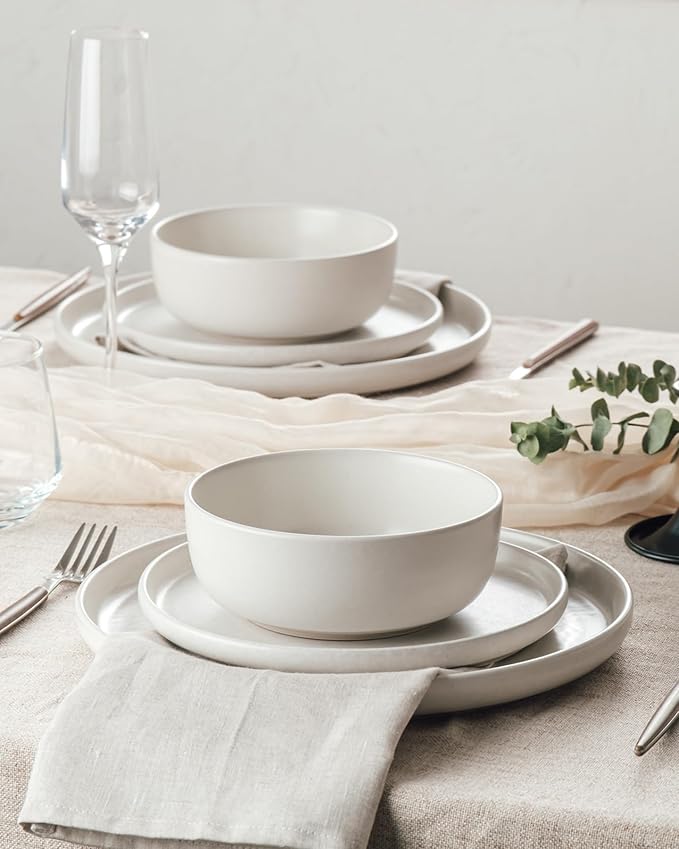 Famiware Milkyway Plates and Bowls Sets, 24 Pieces Dinnerware Sets, Reactive Glaze Dish Set, Stoneware Dishes Set for 8, Matte White