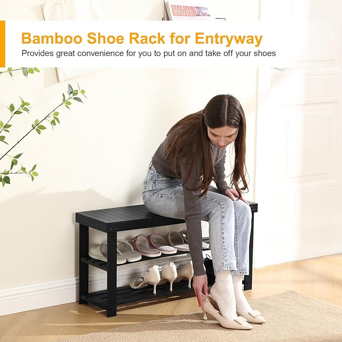 Apicizon Bamboo Shoe Rack for Entryway, 3-Tier Shoe Rack Bench for Front Indoor Entrance, Small Shoe Organizer with Storage, 35.4 Inches, Black