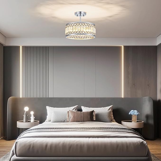 Crystal Chrome Ceiling Light, Modern Semi Flush Mount Ceiling Lighting Fixture, Round Hallway Lighting Fixtures Chandelier for Kitchen Entryway Bedroom Dining Room, 3-Light, 12.2 Inch