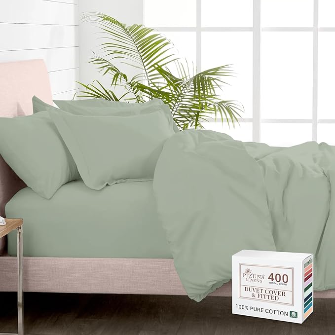 Pizuna 100% Cotton Twin 2 Pc Duvet Cover + 1 Pc Fitted Sheet Set 400 Thread Count Sea Foam Sateen Weave Luxurious Long Staple Cotton 4 Piece Bedding Set - 1 Duvet Cover, 1 Pillow Sham, 1 Fitted Sheet
