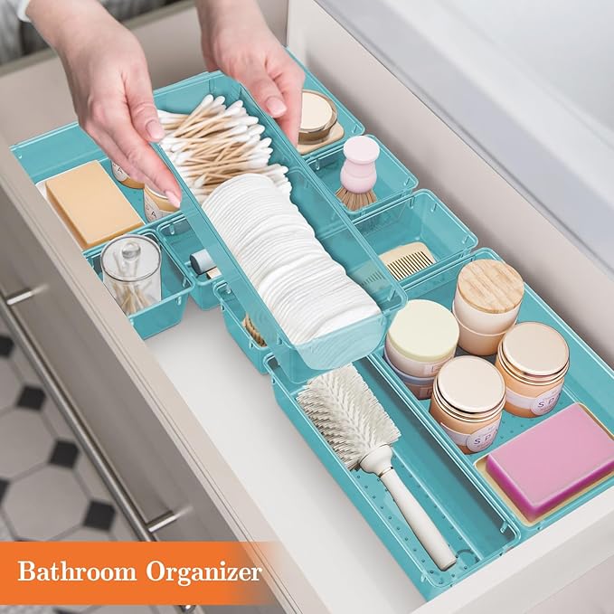 25 PCS Plastic Drawer Organizer Set, 4-Size Versatile Organizer Trays & storage Bins for Makeup, Jewelry, and Gadgets in Bathroom, Bedroom and Office, Sea Blue