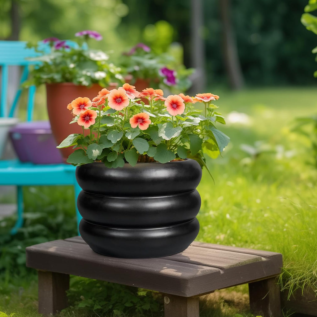 SQOWL 10 Inch Pot for Plants - Ceramic Planter for Indoor Plants Large Plant Pot with Drainage Hole Outdoor Flower Pot Decorative Round Planter for Porch House Decor Black