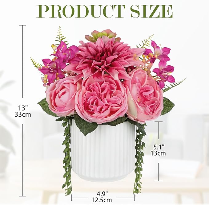Briful 13" Faux Flower Arrangement in White Ceramic Vase – Pink Artificial Peony & Dahlia Silk Flower Centerpiece with Succulent Fake Potted Flowers for Home Office Tabletop Wedding Decor