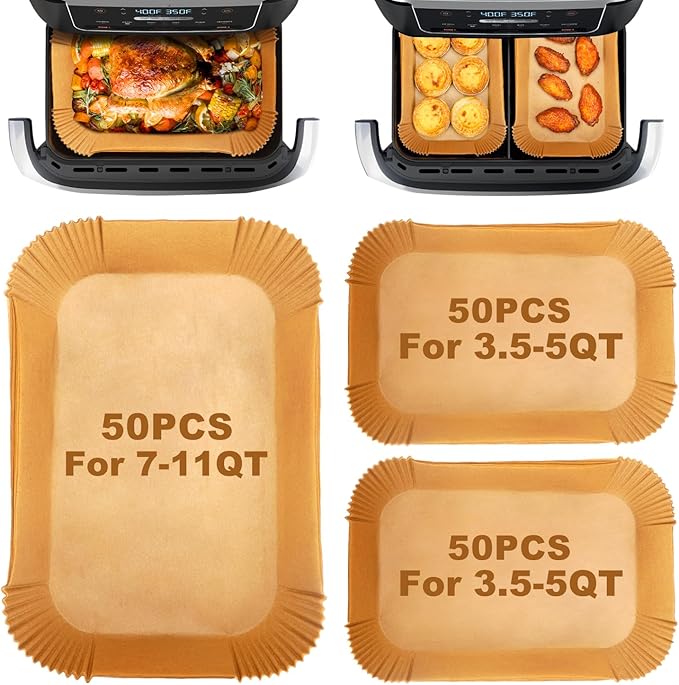Vailnd Air Fryer Liners Disposable for Ninja DZ071 Foodi 7-QT/Instant Pot VersaZone 9QT/Topzee 11-QT Air Fryer, 100PCS Small Parchment Paper for Divider Basket & 50PCS Large Paper Liners for MegaZone
