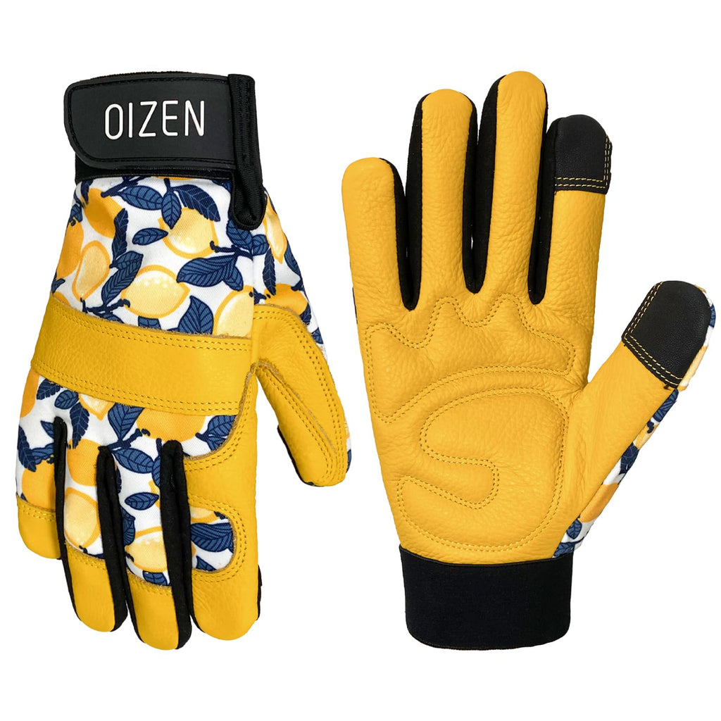 OIZEN Cowhide Leather Thorn Proof & Puncture Resistant Gardening Gloves for Women and Men, Touchscreen Compatible Working Gloves for Weeding, Digging, Planting, Gardening Gifts for Women, Size Medium