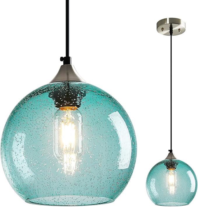 Light Blue Glass Pendant Lights Kitchen Island Lighting Globe Pendant Light Fixtures Modern Pendant Lighting for Bedroom Living Dining Room Light Fixture (7.87 in, 1 Pack)